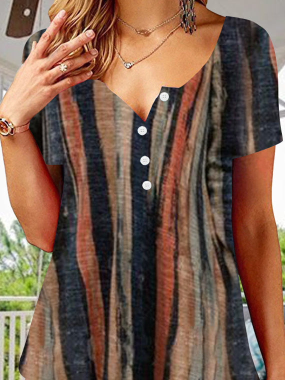 Women's Short Sleeve V-neck Colorblock Striped Button Top
