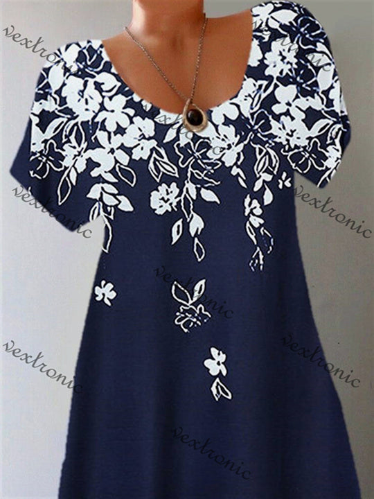 Women's Short Sleeve Scoop Neck Floral Printed Midi Dress