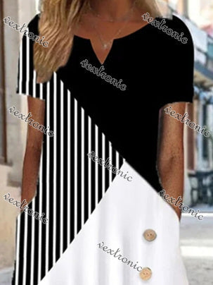 Women's V-Neck Short Sleeve Graphic Striped Midi Dress