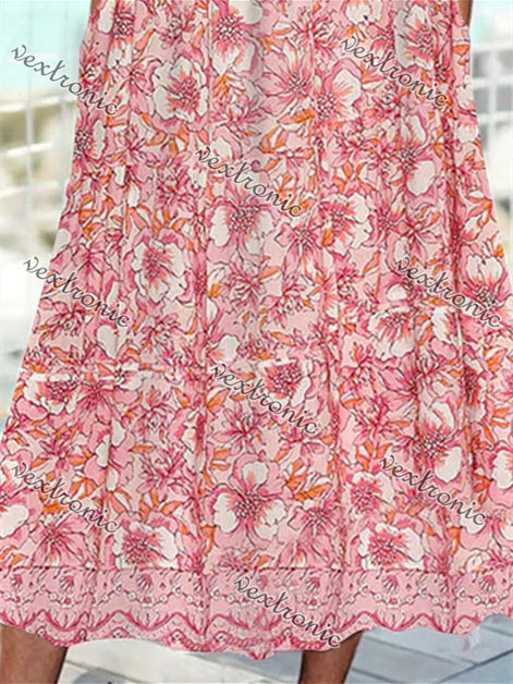 Women Short Sleeve Scoop Neck Floral Printed Stitching Midi Dress Women Dress