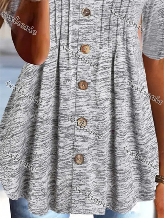 Women's Gray Half Sleeve V-neck Buttons Top