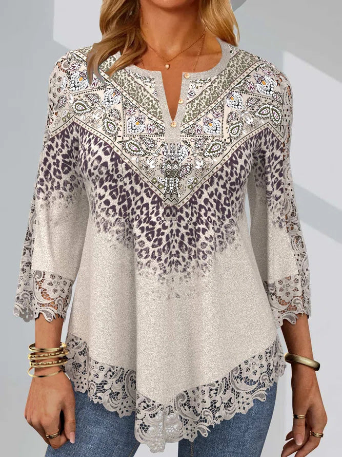 Women 3/4 Sleeve V-neck Lace Floral Printed Top