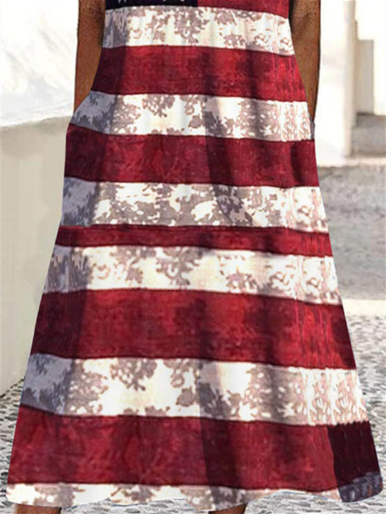 Women's Short Sleeve V-neck Graphic Printed Star Pockets Midi Dress