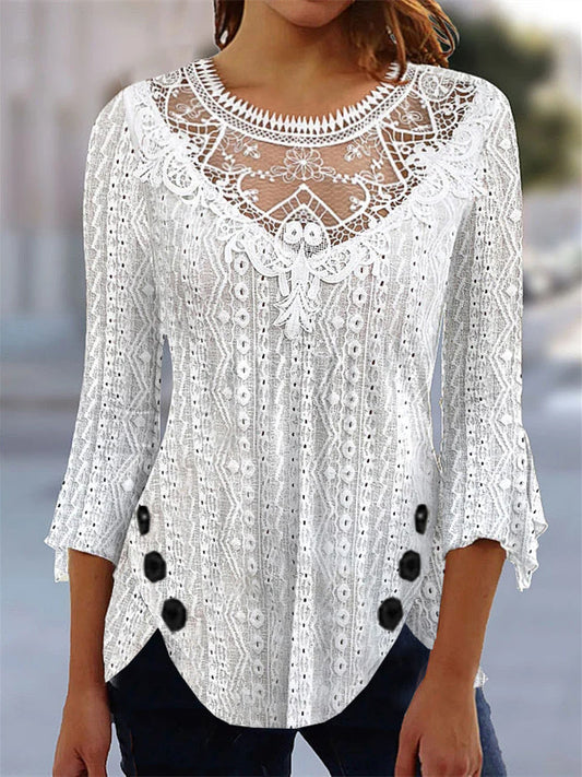 Women's 3/4 Sleeve Scoop Neck Lace Stitching Top