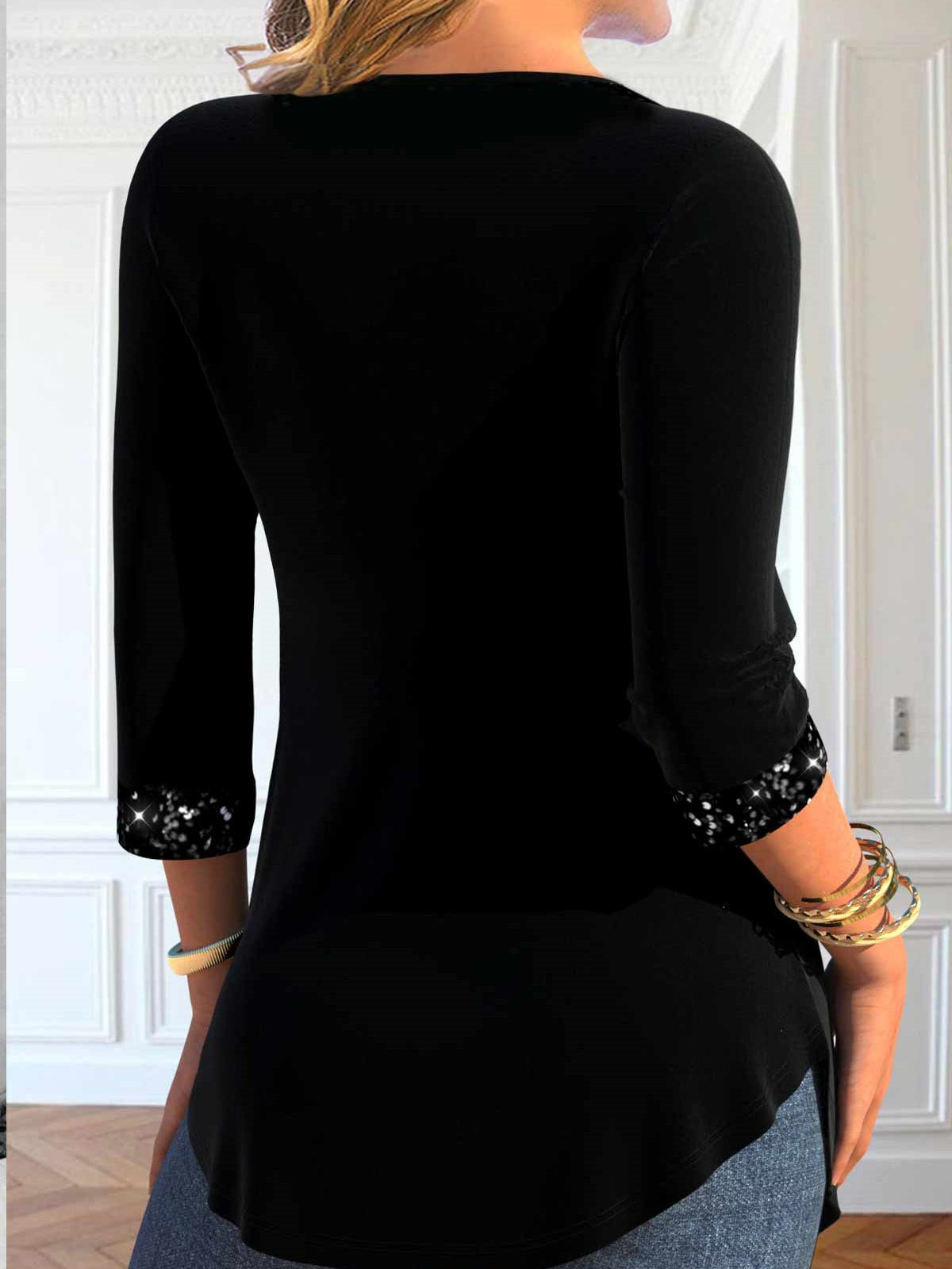Women 3/4 Sleeve Square Collar Solid Button Fake 2in1 Tops