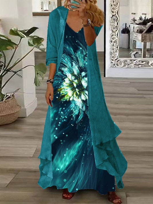 Women's Long Sleeve V-Neck Floral Sequins Printed Graphic Two Piece Suit Maxi Dress