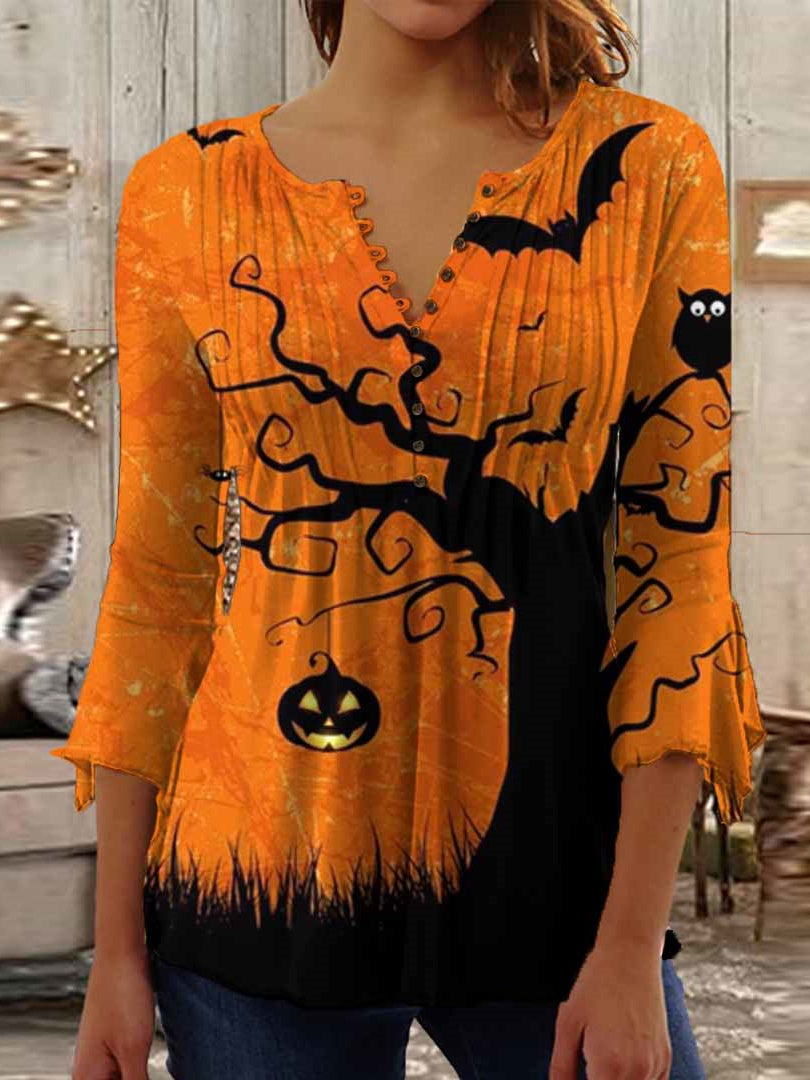 Women's 3/4 Sleeve V-neck Graphic Halloween Top