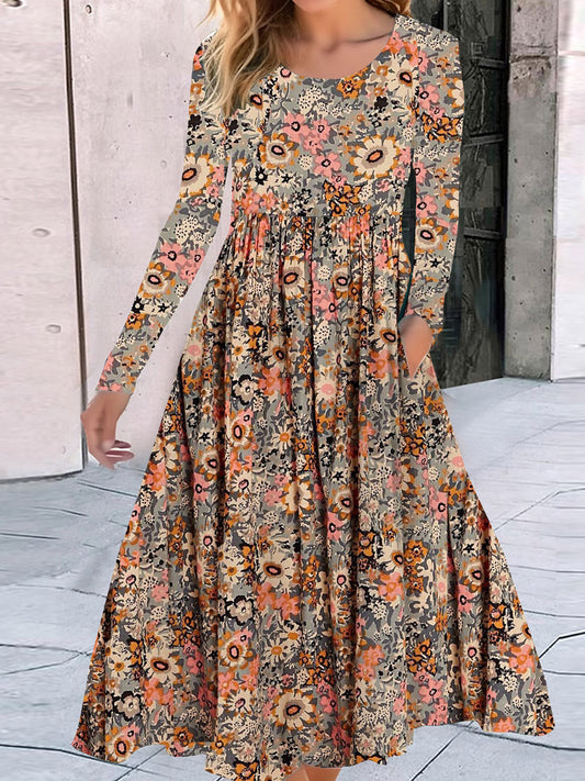 Women's Long Sleeve Scoop Neck Floral Printed Midi Dress