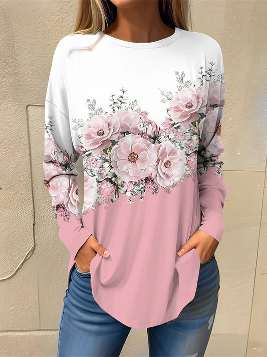 Women's Long Sleeve Scoop Neck Graphic Floral Printed Top