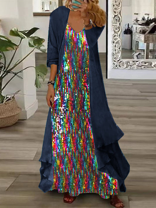 Women's Long Sleeve V-neck Sequins Graphic Printed Two Pieces Maxi Dress
