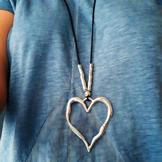 Bohemian Leather Cord Love Sweater Chain Bamboo Retro Peach Heart Necklace