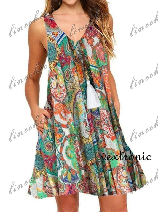 Women Sleeveless Printed Dress With Pockets Floral 1 / L:bust110Cm/43.31