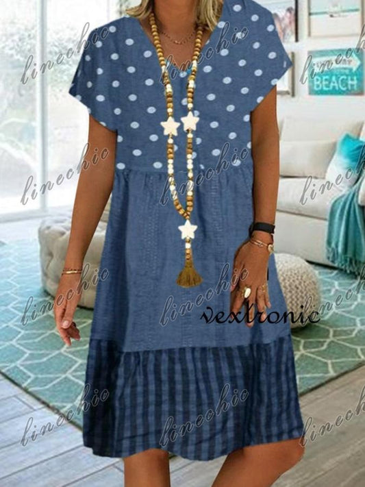 Women V-Neck Short Sleeve Polka Dot Stitching Midi Dress Blue / M:bust-105Cm/41.34