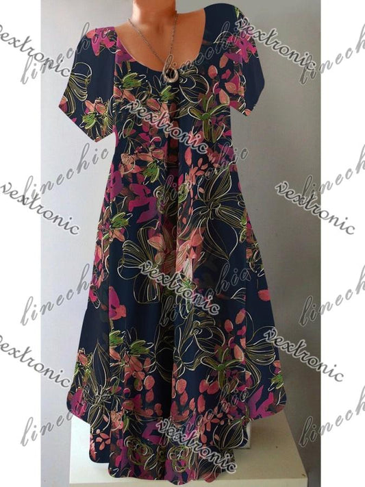 Womens Casual Scoop Neck Short Sleeve Floral Printed Midi Dress Black / S:bust34 Women