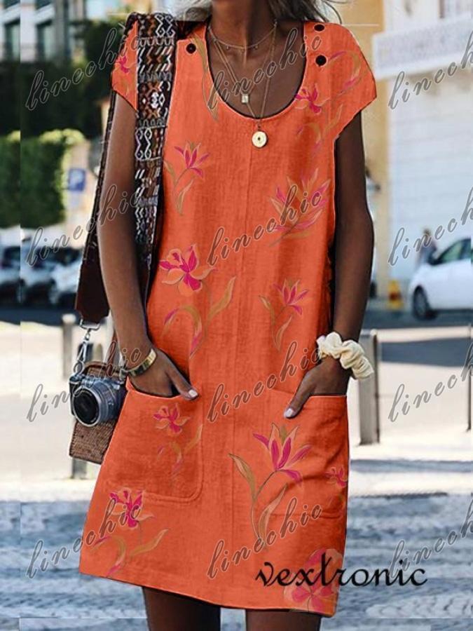 Womens Short Sleeve Tunic Dress With Pockets Orange / L:bust110Cm/43.31 Women