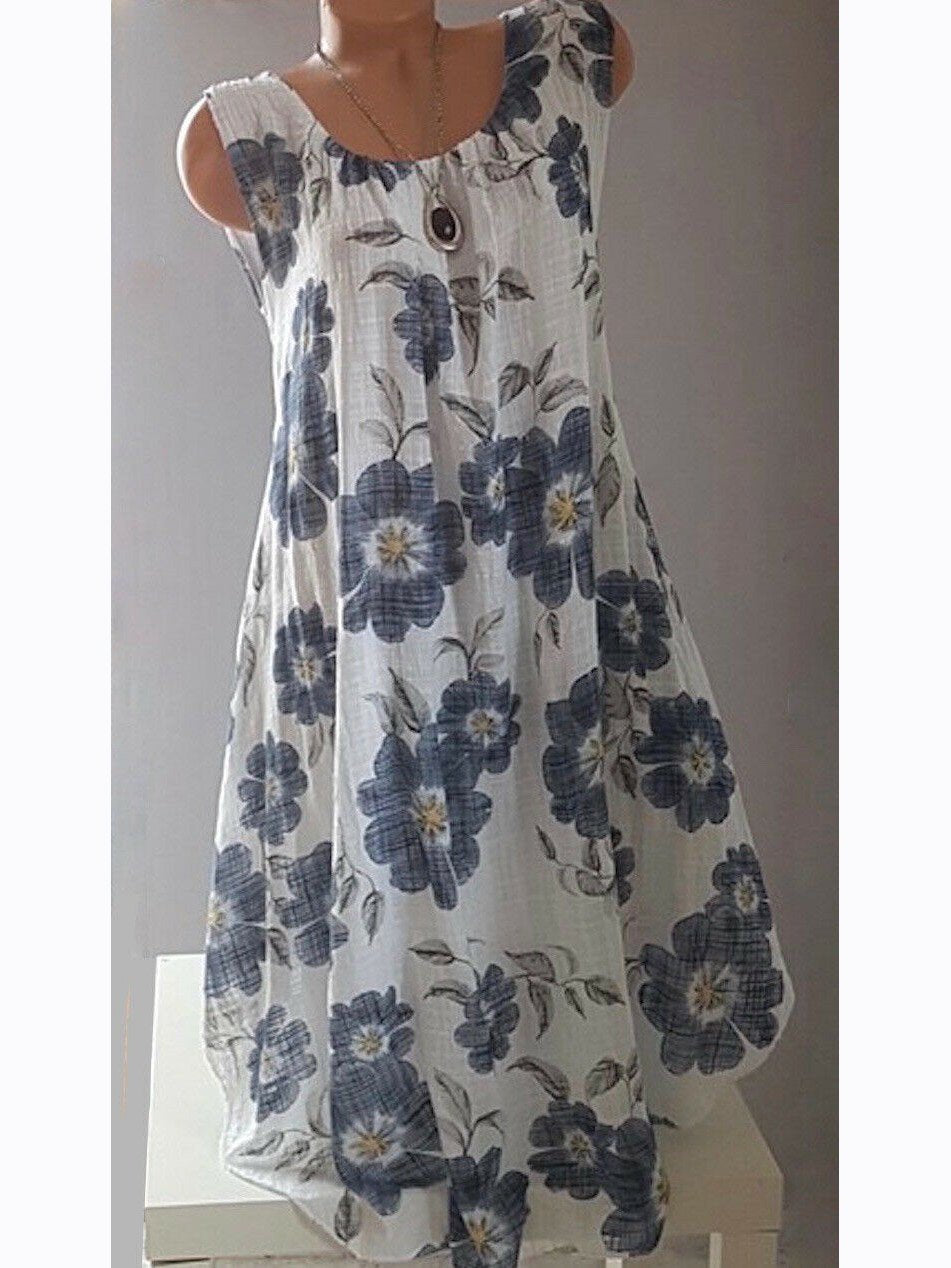 Women Floral Printed  Scoop Neck Sleeveless Midi Dress S - 5XL